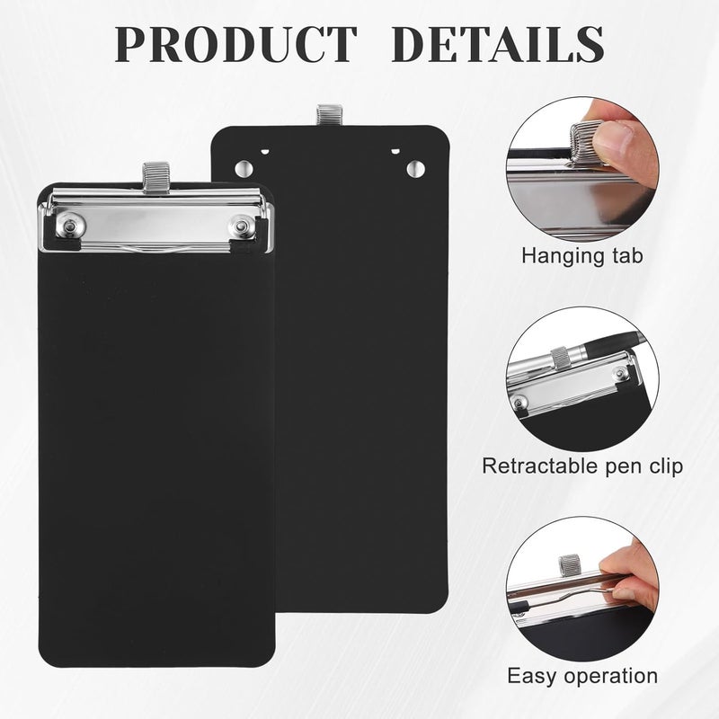 YONHTUTU 4 Pack Small Clipboards with Pen Holder 4X 8.66inch, Plastic Receipt Size Black Clipboard, Mini Clipboard with Retaining Clips, Narrow Memo Size Notepads for Tickets Home Restaurants Office School - Image 3